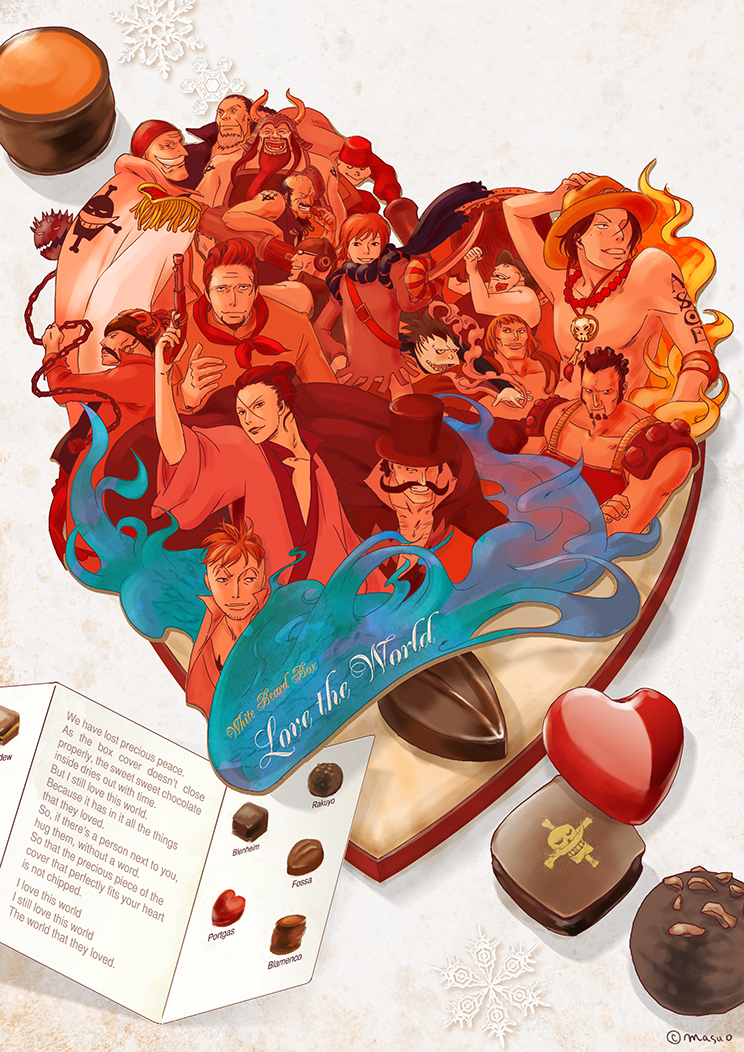 6+boys androgynous armor atmos_(one_piece) black_hair blamenco blenheim blonde_hair blue_fire bowl box brown_hair candy chocolate cowboy_hat curiel_(one_piece) dreadlocks edward_newgate fez_hat fire flower_sword_vista food fossa_(one_piece) gun hand_on_headwear haruta_(one_piece) hat heart helmet izou_(one_piece) jewelry jolly_roger jozu_(one_piece) kingdew male_focus marco_(one_piece) monster_boy multiple_boys namur_(one_piece) necklace one_piece pompadour portgas_d._ace rakuyou_(one_piece) speed_jiru stampede_string sword tattoo thatch_(one_piece) top_hat topless_male tricorne weapon