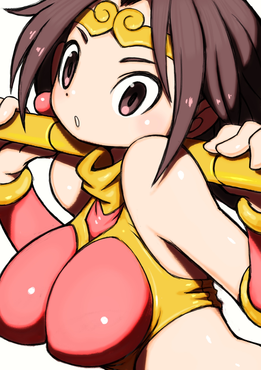 1girl bare_shoulders beeru_(veil8801) breasts brown_eyes brown_hair choujin_gakuen_gowcaizer circlet earrings highres holding holding_staff jewelry large_breasts long_hair simple_background solo son_karin sphere_earrings staff upper_body white_background