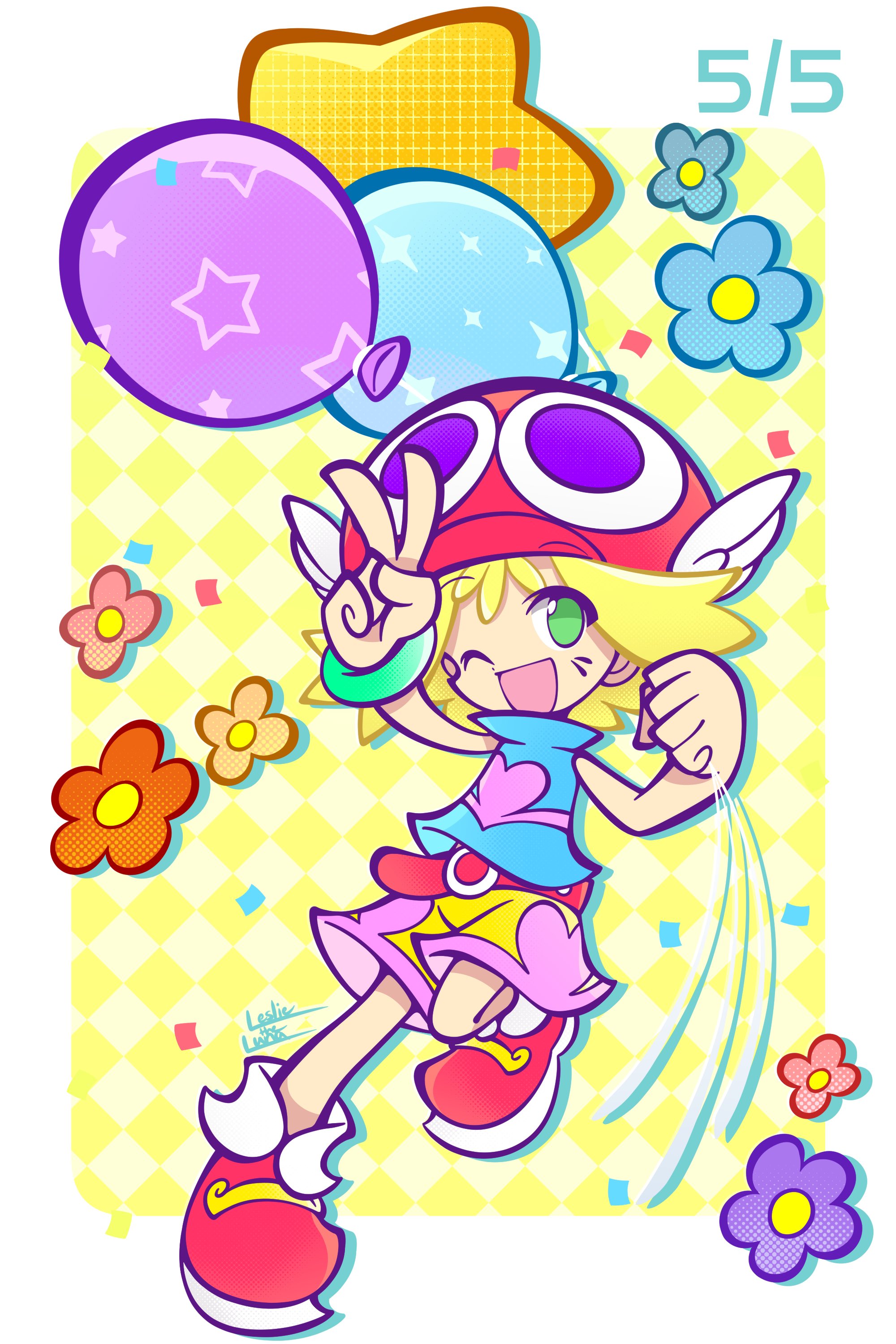 1girl ;d absurdres amitie_(puyopuyo) argyle_background arm_up armband balloon belt blonde_hair blue_shirt border character_hat clenched_hand confetti dated deformed dot_nose drop_shadow flipped_hair flipped_sidelocks flower_symbol full_body green_armband green_eyes halftone hand_up happy hat heart heart_print highres holding holding_balloon knee_up leslietheluna no_pupils official_style one_eye_closed open_mouth pigeon-toed pink_shirt pink_shorts puyopuyo puyopuyo_fever red_belt red_hat red_shoes saturated shirt shoes short_hair shorts signature sleeveless sleeveless_shirt smile solo standing standing_on_one_leg star_balloon turtleneck turtleneck_shirt two-tone_shirt two-tone_shorts v white_border winged_hat yellow_background yellow_shorts