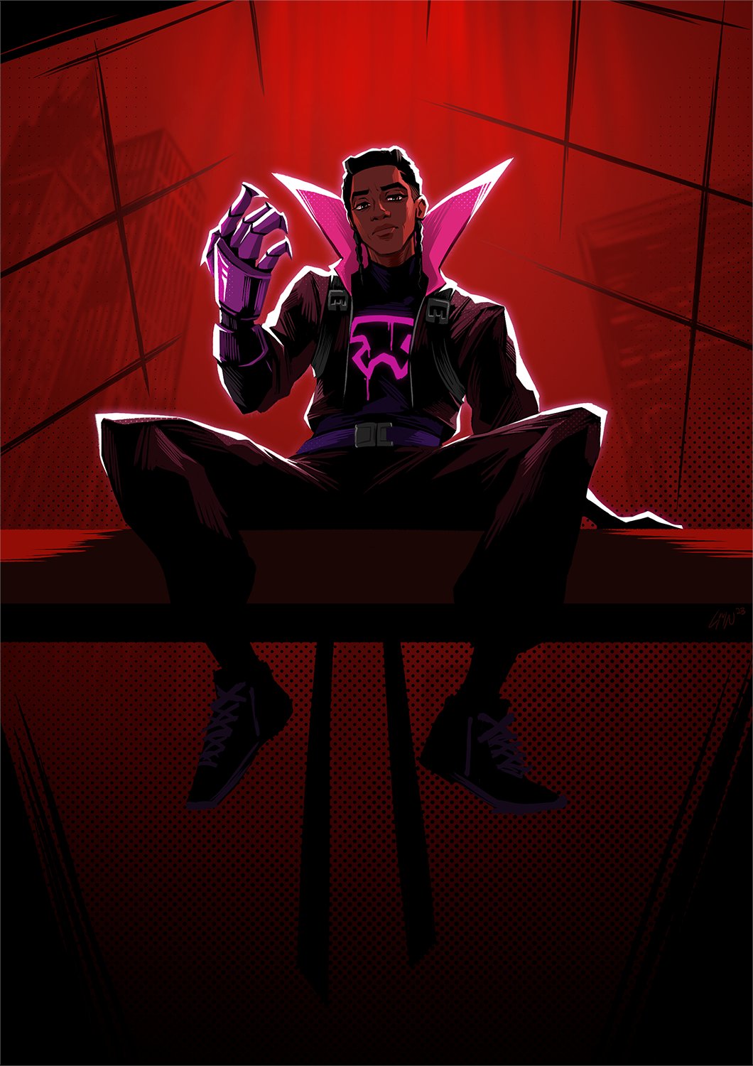 1boy black_hair braid claws dark-skinned_male dark_skin gwindows22 high_collar highres male_focus marvel miles_g._morales prowler_(marvel) shoes sitting sneakers solo spider-man:_across_the_spider-verse spider-man_(series) spider-verse spoilers spread_legs twin_braids