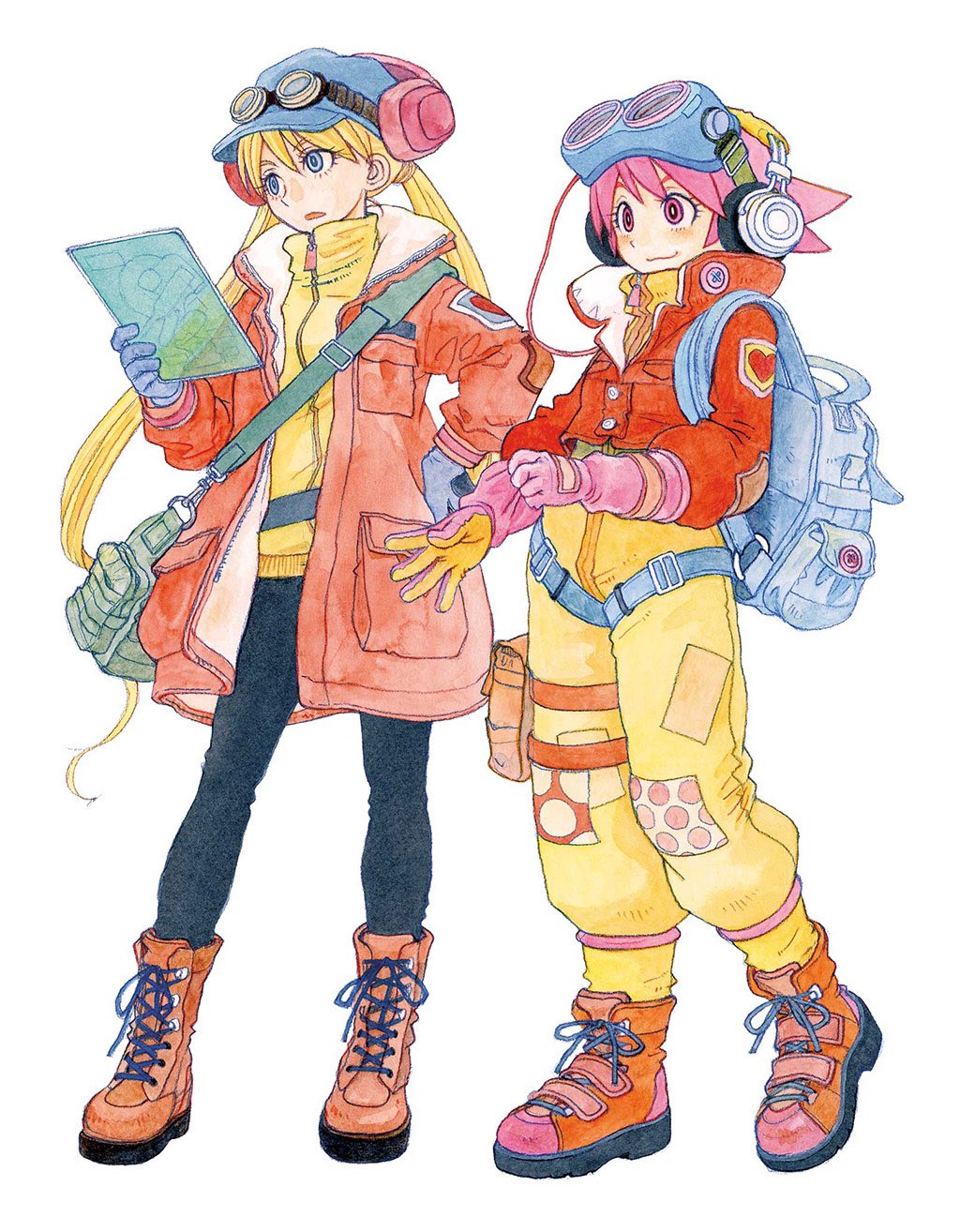 2girls adjusting_clothes adjusting_gloves azuma_kiyohiko backpack bag blonde_hair blue_eyes blush boots full_body gloves goggles goggles_on_head goggles_on_headwear hand_on_own_hip hat headphones highres holding jacket long_hair long_sleeves multiple_girls official_art open_mouth pants patch pink_eyes pink_hair pocket reset_(wonder_festival) short_hair simple_background smile spiked_hair standing turtleneck twintails wanda_(wonder_festival) white_background wonder_festival