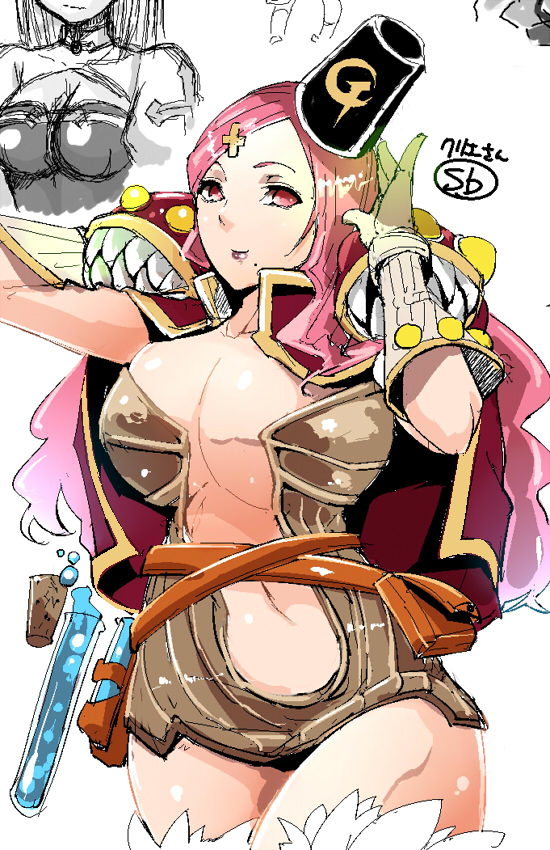 2girls arch_bishop_(ragnarok_online) black_hat breasts brown_dress cape cevoy cleavage closed_mouth cork cowboy_shot creator_(ragnarok_online) cross_hair_ornament dress fez_hat gloves hair_ornament hand_up hat huge_breasts long_hair looking_at_viewer multiple_girls navel pink_eyes pink_hair plunging_neckline potion ragnarok_online red_cape short_dress simple_background sketch smile solo_focus strapless strapless_dress swept_bangs vial white_background white_gloves