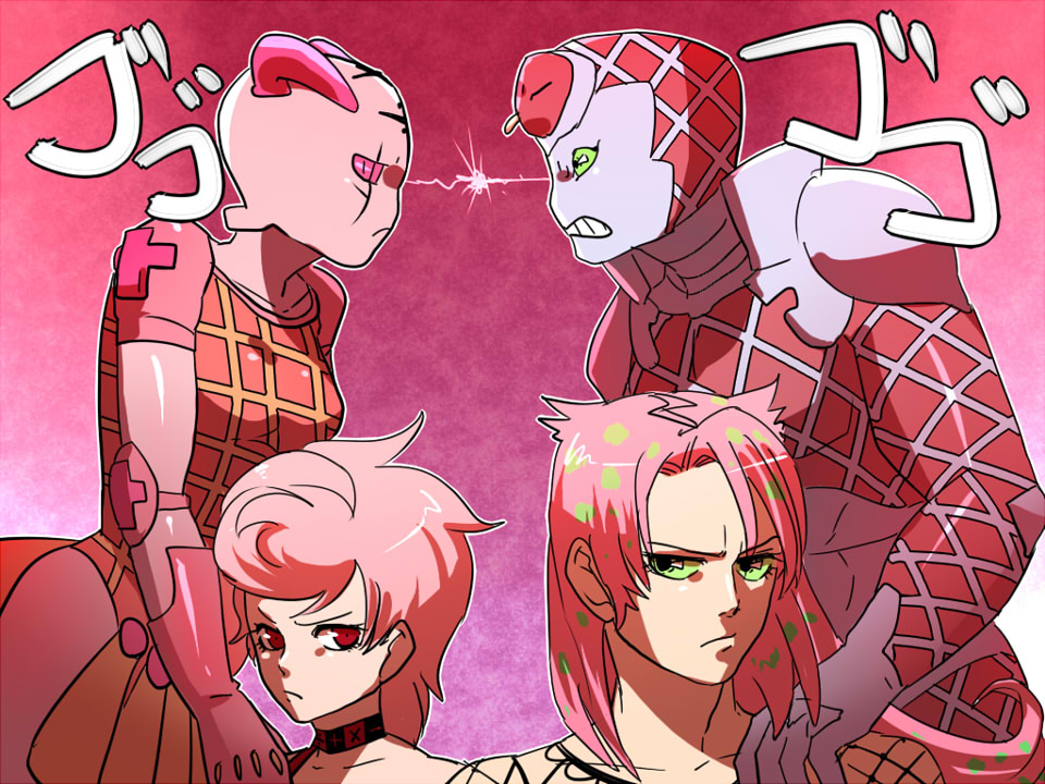 2boys 2girls diavolo father_and_daughter frown jojo_no_kimyou_na_bouken kamiura king_crimson_(stand) multiple_boys multiple_girls pink_hair pink_theme spice_girl_(stand) stand_(jojo) trish_una vento_aureo