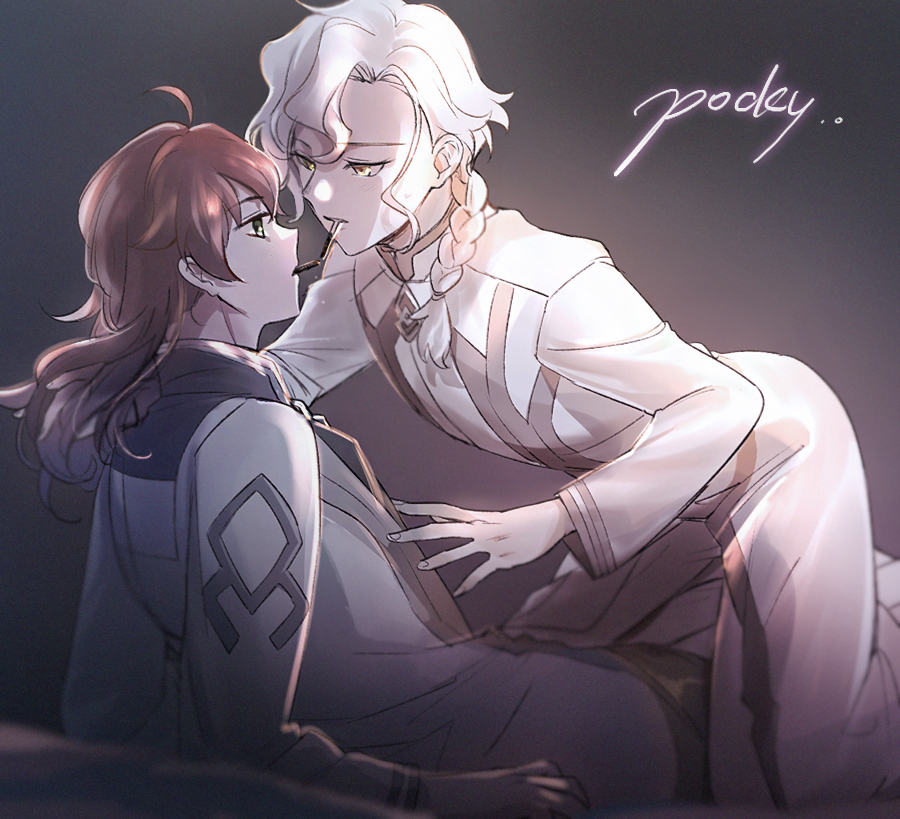 2boys ahoge aki_(neyuki41028) blurry braid braided_ponytail chaldea_logo chaldea_uniform coat depth_of_field english_text eye_contact fate/grand_order fate_(series) food food_in_mouth gradient_background green_coat green_eyes hair_between_eyes hair_down hair_over_shoulder hand_in_another&#039;s_hair hand_on_another&#039;s_chest kneeling lab_coat long_hair long_sleeves looking_at_another male_focus marisbury_animusphere mouth_hold multicolored_coat multiple_boys orange_hair parted_bangs pocky pocky_in_mouth pocky_kiss romani_archaman shared_food sitting two-tone_coat white_coat white_hair yaoi yellow_eyes