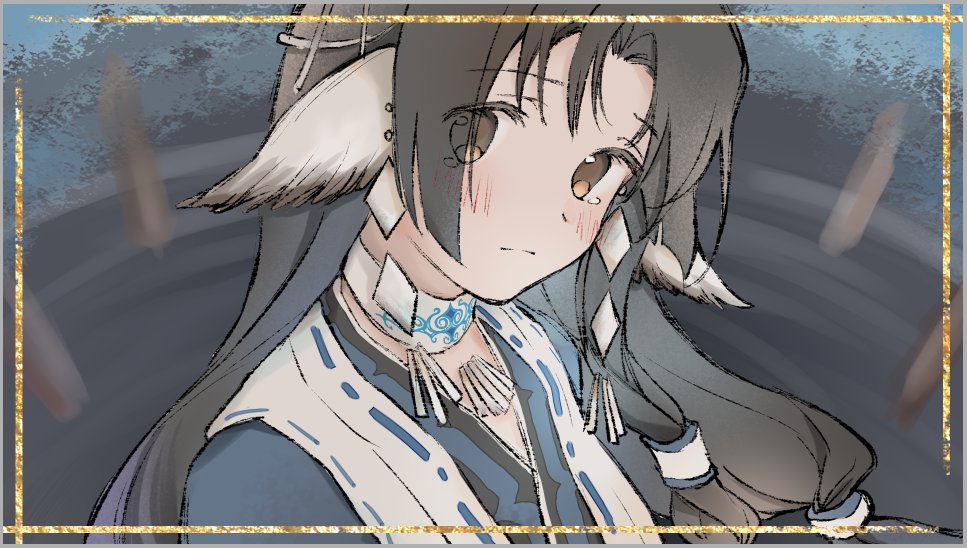 1girl absurdly_long_hair ainu_clothes animal_ears aquaplus black_hair blush breasts brown_eyes choker dress earrings eruruu eyes_visible_through_hair gradient_eyes hair_between_eyes hair_over_one_eye head_tilt jewelry long_hair looking_at_viewer low-tied_long_hair medium_breasts multicolored_eyes sherly_hiberna sidelocks solo tears upper_body utawarerumono utawarerumono:_futari_no_hakuoro very_long_hair