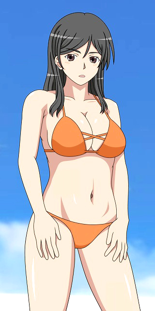 1girl bare_arms bare_shoulders bikini black_hair blue_background blue_sky breasts brown_eyes cleavage cloud commentary cowboy_shot day fukiyose_seiri hair_between_eyes large_breasts light_blush long_hair looking_at_viewer miya-n navel open_mouth orange_bikini outdoors sidelocks sky solo standing stomach swimsuit thighs toaru_majutsu_no_index