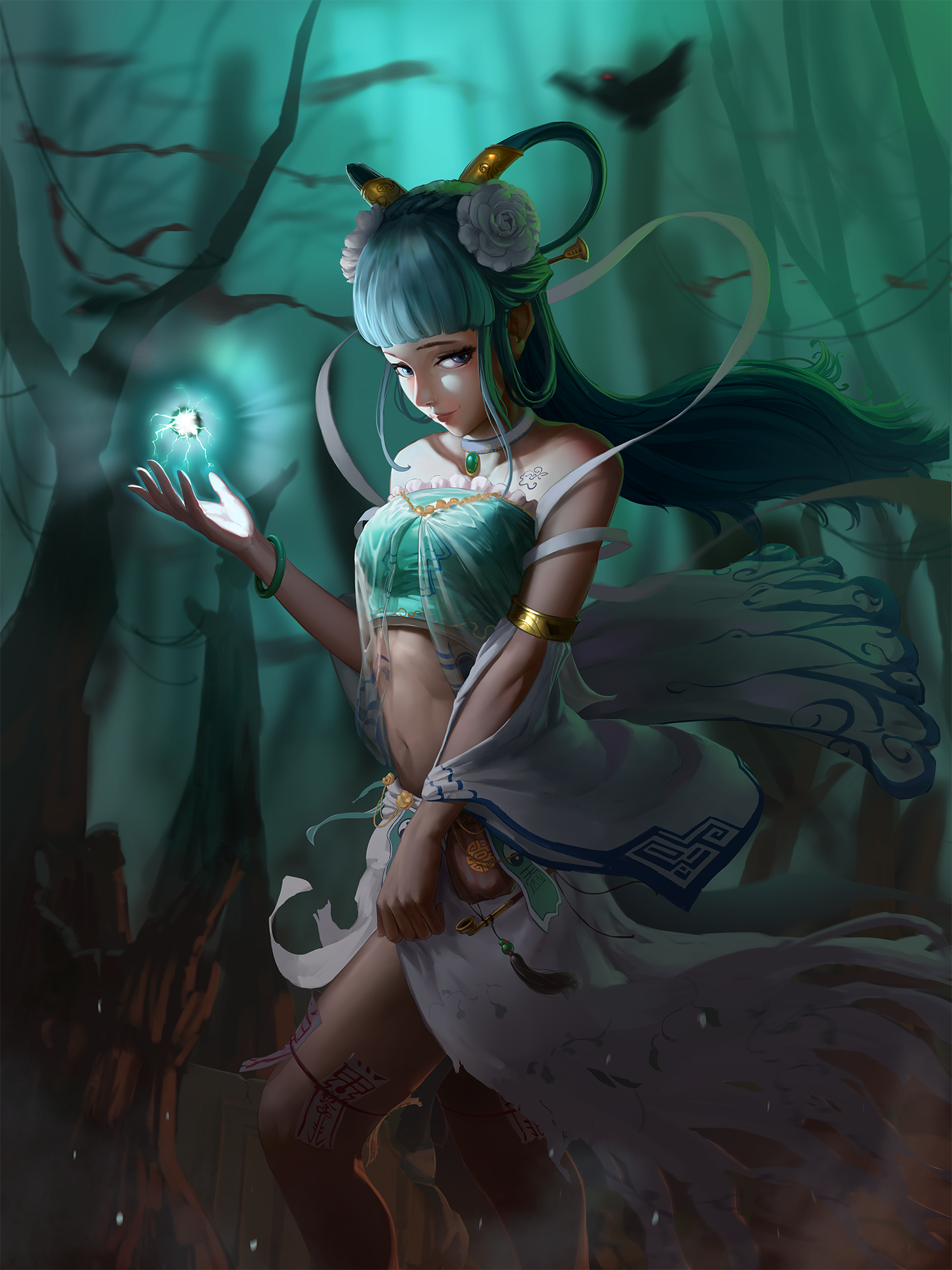 1girl adapted_costume alternate_hairstyle animal armlet bandeau bangle bare_shoulders bare_tree bird blue_eyes blue_hair blunt_bangs blurry blurry_background bracelet braid branch breasts chest_tattoo choker closed_mouth collarbone cowboy_shot crow crown_braid detached_sleeves energy_ball eyelashes female_focus flower forest gem glowing glowing_eye green_eyes green_gemstone green_hair hair_flower hair_ornament hair_rings hair_stick hand_up highres jewelry kaku_seiga kiseru leaf_print leg_ribbon light_smile lipstick long_hair looking_at_viewer makeup mascara matching_hair/eyes medium_breasts midriff nature navel night ofuda outdoors pink_lips pouch red_eyes red_ribbon ribbon sarena shawl sidelocks skirt smile smirk smoking_pipe solo stomach strapless tassel tattoo tobacco torn_clothes torn_skirt touhou tree trunk walking white_flower wind