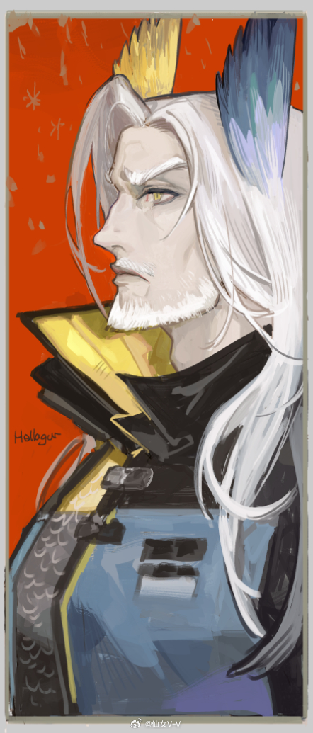 1boy arknights bara beard facial_hair from_side frown hellagur_(arknights) large_pectorals long_hair looking_ahead male_focus mature_male mustache old old_man pale_skin pectorals pipidan solo thick_eyebrows upper_body white_hair