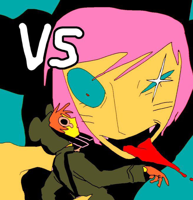 +_+ 2boys animal_hat blue_sclera colored_sclera eye_glitter facial_mark fangs fingernails green_jacket hat jacket looking_at_another male_focus moda_zoumotsu mouse_hat multiple_boys nyen_(randal&#039;s_friends) open_mouth orange_hair pink_hair present_day_problem_takeuchi_robert randal&#039;s_friends red_eyes sharp_fingernails short_hair suspenders teardrop tongue tongue_out uneven_eyes vs whisker_markings
