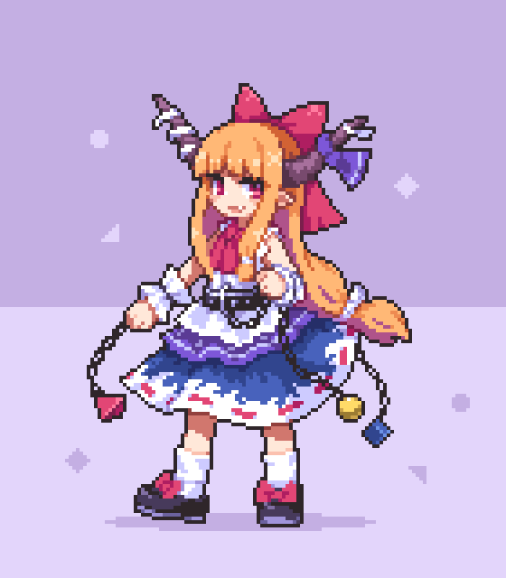 1girl :d black_shoes blunt_bangs blush_stickers bow bowtie brown_horns chain commentary cube fang footwear_bow full_body hair_bow horn_ornament horn_ribbon horns ibuki_suika kumamoto_(bbtonhk2) long_hair looking_at_viewer open_mouth orange_hair orb pixel_art pointy_ears purple_background purple_ribbon pyramid_(geometry) red_bow red_bowtie red_eyes ribbon shirt shoes sidelocks sleeveless sleeveless_shirt smile socks solo standing symbol-only_commentary touhou white_shirt white_socks white_wrist_cuffs wrist_cuffs