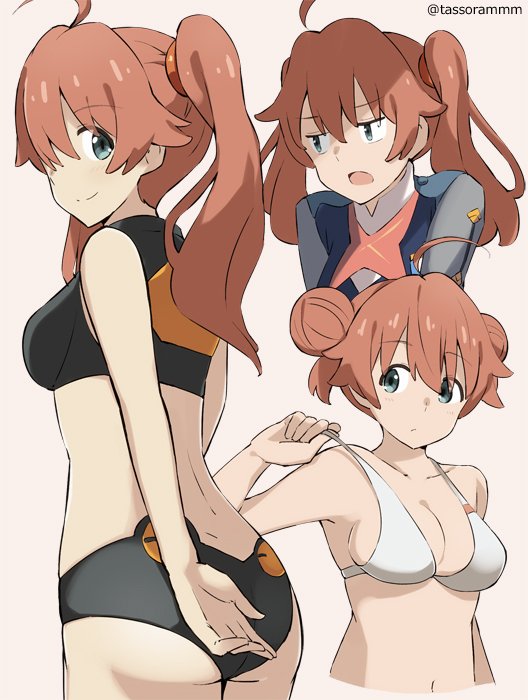 1girl ahoge ass bare_arms bare_shoulders bikini blue_eyes blush breasts brown_background brown_hair cleavage closed_mouth collarbone commentary_request cropped_torso darling_in_the_franxx double_bun dress grey_dress hair_between_eyes hair_bun long_hair medium_breasts miku_(darling_in_the_franxx) multiple_views navel open_mouth simple_background smile swimsuit tasora twintails twitter_username white_bikini