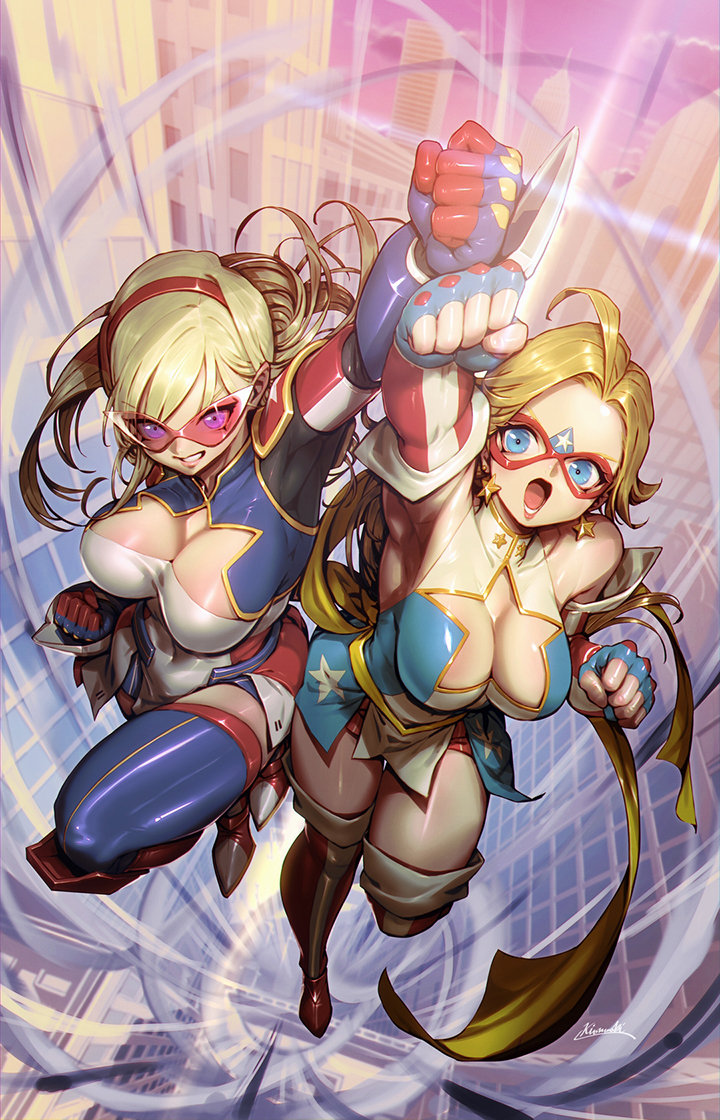 2girls american_flag american_flag_print blonde_hair blue_eyes boots breasts cleavage clothing_cutout commentary_request earrings elbow_gloves eye_mask fingerless_gloves flag_print gloves gold_bow hairband jewelry kamen_america kamen_america_(comic) kamen_victory kionaoki large_breasts long_hair multiple_girls open_mouth star_(symbol) star_cutout star_earrings superhero_costume tinted_eyewear