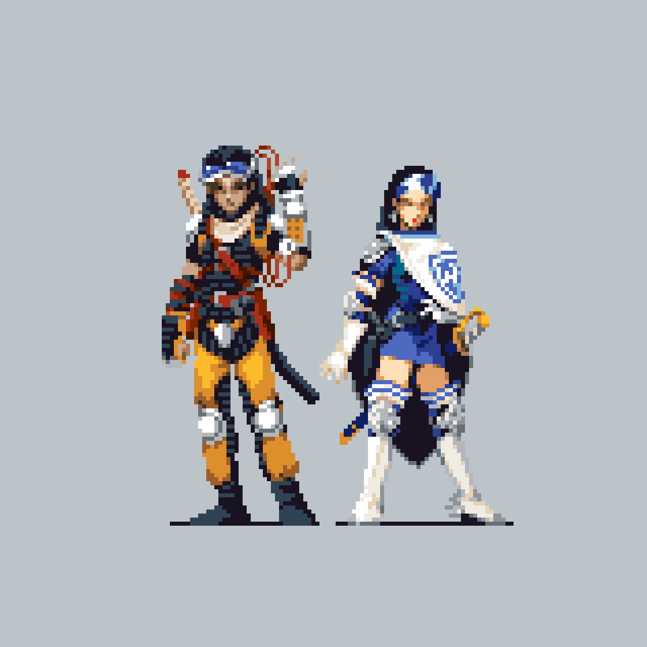 1boy 1girl aleph_(megami_tensei) armor armored_boots atlus belt beth_(megami_tensei) black_hair blue_shirt boots cape eyewear_on_head fingerless_gloves full_body gloves hairband hand_up highres katana long_hair multiple_belts pants pixel_art pixelflag red_belt scarf shin_megami_tensei shin_megami_tensei_ii shirt shoulder_pads sword visor_(armor) weapon white_footwear white_gloves wrist_computer yellow_pants