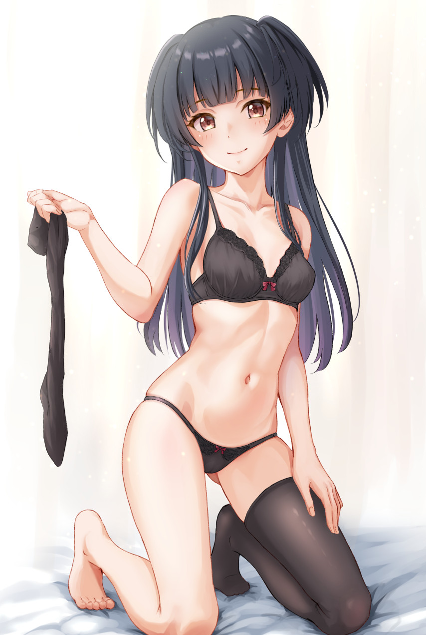 1girl black_bra black_panties black_thighhighs blush bow bow_bra bow_panties bra breasts bright_background brown_eyes ca_paria chop closed_mouth collarbone commentary_request full_body gluteal_fold hair_over_one_eye hand_on_own_leg hand_up highres holding holding_legwear holding_unworn_clothes idolmaster idolmaster_shiny_colors kneeling linea_alba long_hair looking_at_viewer mayuzumi_fuyuko navel on_bed panties sidelocks small_breasts smile solo stomach straight_hair thighhighs two_side_up underwear underwear_only unworn_thighhighs