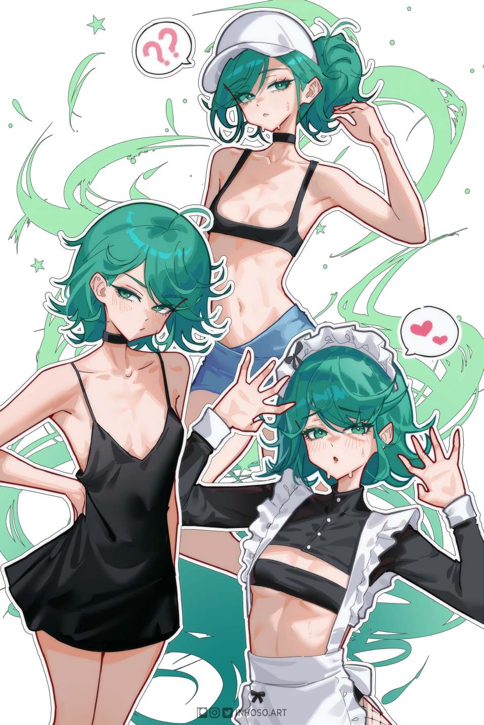 1girl :/ ? ahoge alternate_costume apron bandeau bare_arms bare_shoulders baseball_cap black_bandeau black_choker black_dress black_sports_bra blue_shorts blush breasts bright_pupils choker closed_mouth commentary cowboy_shot dress english_commentary enmaided green_eyes green_hair hand_on_own_hip hands_up hat heart highres inhoso instagram_logo legs_together long_hair long_sleeves looking_at_viewer maid maid_apron maid_headdress multiple_views one-punch_man outline patreon_logo ponytail short_shorts shorts shrug_(clothing) sleeveless sleeveless_dress small_breasts spaghetti_strap spoken_heart spoken_question_mark sports_bra standing sweat tatsumaki twitter_logo upper_body white_apron white_hat white_outline white_pupils
