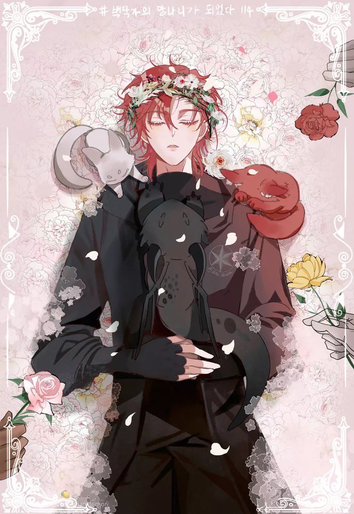 1boy animal animal_on_shoulder black_gloves black_jacket black_pants black_shirt cale_henituse closed_eyes coat cowboy_shot creature dragon facing_viewer fingerless_gloves flower flower_wreath gloves hair_between_eyes head_wreath holding holding_creature holding_flower hong_(lout_of_count&#039;s_family) hood jacket long_sleeves lout_of_count&#039;s_family lying male_focus molan_lemon ohn_(lout_of_count&#039;s_family) on_back pants parted_lips petals pink_background pink_flower pink_rose raon_miru red_flower red_hair red_rose rose rose_petals shirt short_hair sleeping solo_focus turtleneck white_flower white_rose yellow_flower yellow_rose