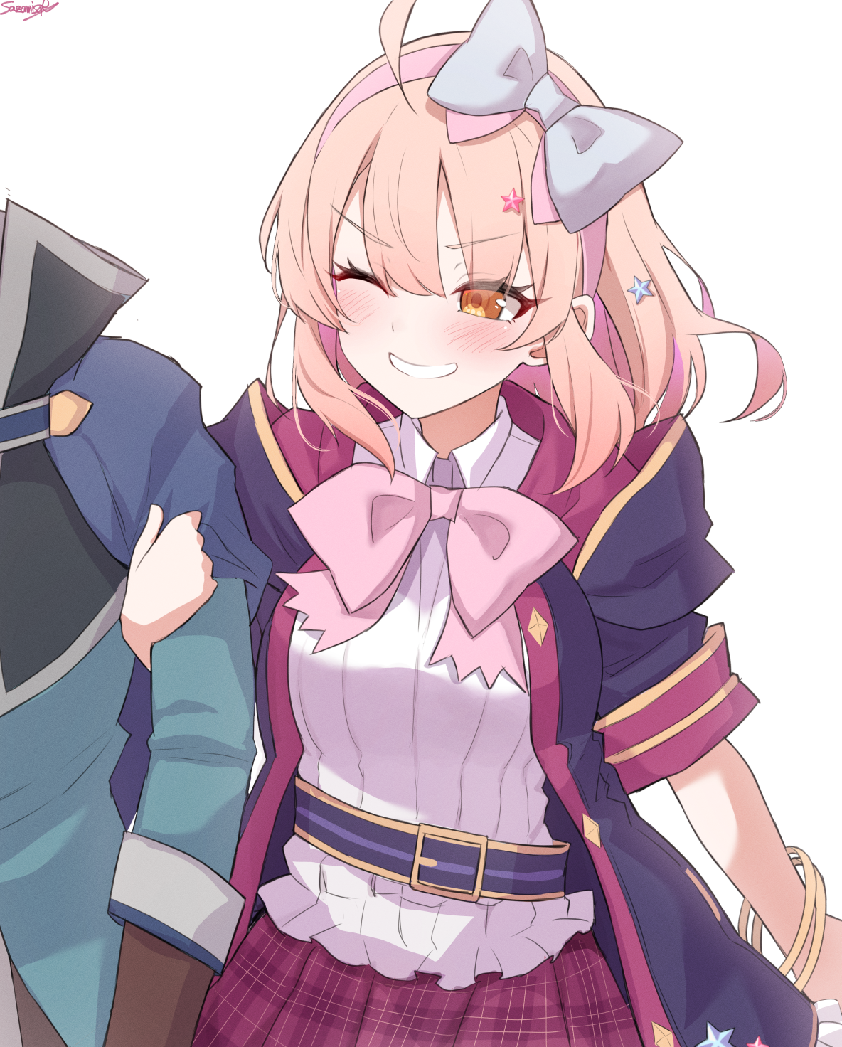 1boy 1girl belt black_coat bow bowtie bracelet chieru_(princess_connect!) coat collared_shirt grin hair_ornament hairband highres holding_another's_arm jewelry one_eye_closed open_clothes open_coat orange_eyes pink_bow pink_bowtie pink_hair pink_hairband plaid_clothes plaid_skirt princess_connect! puffy_short_sleeves puffy_sleeves purple_skirt sazamiso_rx school_uniform shirt short_sleeves sidelocks signature simple_background skirt smile st._theresa's_girls_academy_school_uniform star_(symbol) star_hair_ornament teeth white_background white_shirt yuuki_(princess_connect!)
