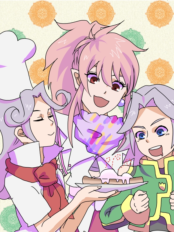1boy 1girl arche_klein blue_eyes bra closed_eyes dio_(tales) earrings grey_hair hat jacket jewelry long_hair mel_(tales) open_mouth pants pink_hair ponytail red_eyes scarf short_hair smile tales_of_(series) tales_of_phantasia tales_of_phantasia:_narikiri_dungeon tales_of_phantasia:_narikiri_dungeon_x underwear