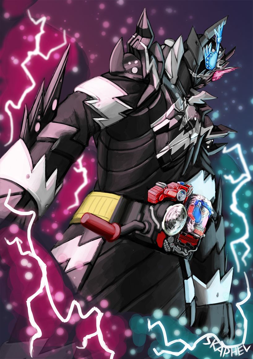 1boy armor artist_name black_armor blue_eyes build_driver compound_eyes rider_belt dutch_angle electricity feet_out_of_frame hazard_trigger heterochromia kamen_rider kamen_rider_build kamen_rider_build_(series) looking_at_viewer male_focus rabbit+tank_form_(black_hazard) rabbit+tank_sparkling rabbit+tank_sparkling_fullbottle red_eyes science_fiction shoulder_armor signature simple_background skaphel solo sparks sparks steam steaming_body walking white_background