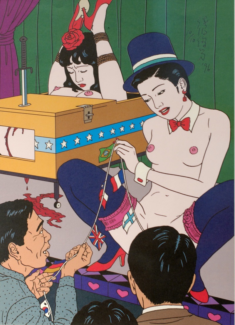 2girls 3boys accident breasts circus convenient_censoring convenient_head closed_eyes flag guro hat high_heels lying magic magician multiple_boys multiple_girls navel nipples on_back public_indecency restrained saeki_toshio small_breasts sword tagme thighhighs weapon what