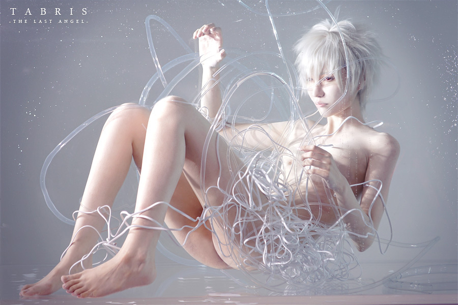 1boy androgynous ass convenient_censoring cosplay english_text est_(cosplayer) male_focus nagisa_kaworu nagisa_kaworu_(cosplay) neon_genesis_evangelion nude photo_(medium) solo tube white_hair