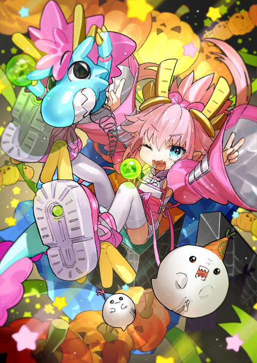 1girl ;d arms_up blue_eyes blue_tail blush bow child chinese_clothes clothing_request crop_top detached_sleeves double_v dragon_girl dragon_horns dragon_tail dynamic_pose eliza_the_nine-tattooed_dragon_(fate) fangs fate/grand_order fate_(series) floating_hair full_body game_cg hair_bow horns legs_up long_hair long_sleeves looking_at_viewer mandarin_collar midair official_art one_eye_closed open_mouth orb outstretched_arms pink_bow pink_hair pink_shoes pink_sleeves pointy_ears shi_jin_(fate) shirt shoes shorts sidelocks skin_fangs smile sneakers solo spring_(object) tail thighhighs third-party_source three_section_staff v v-shaped_eyebrows wada_arco white_shirt white_shorts white_thighhighs wide_sleeves
