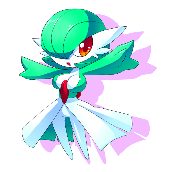 chibi colored_skin dress gardevoir gen_3_pokemon green_hair green_skin hair_over_one_eye multicolored_skin nintendo no_feet open_mouth outstretched_arms pink_eyes pokemon pokemon_(creature) simple_background smile tanpopo_hayabusa-maru two-tone_skin white_background white_dress white_skin