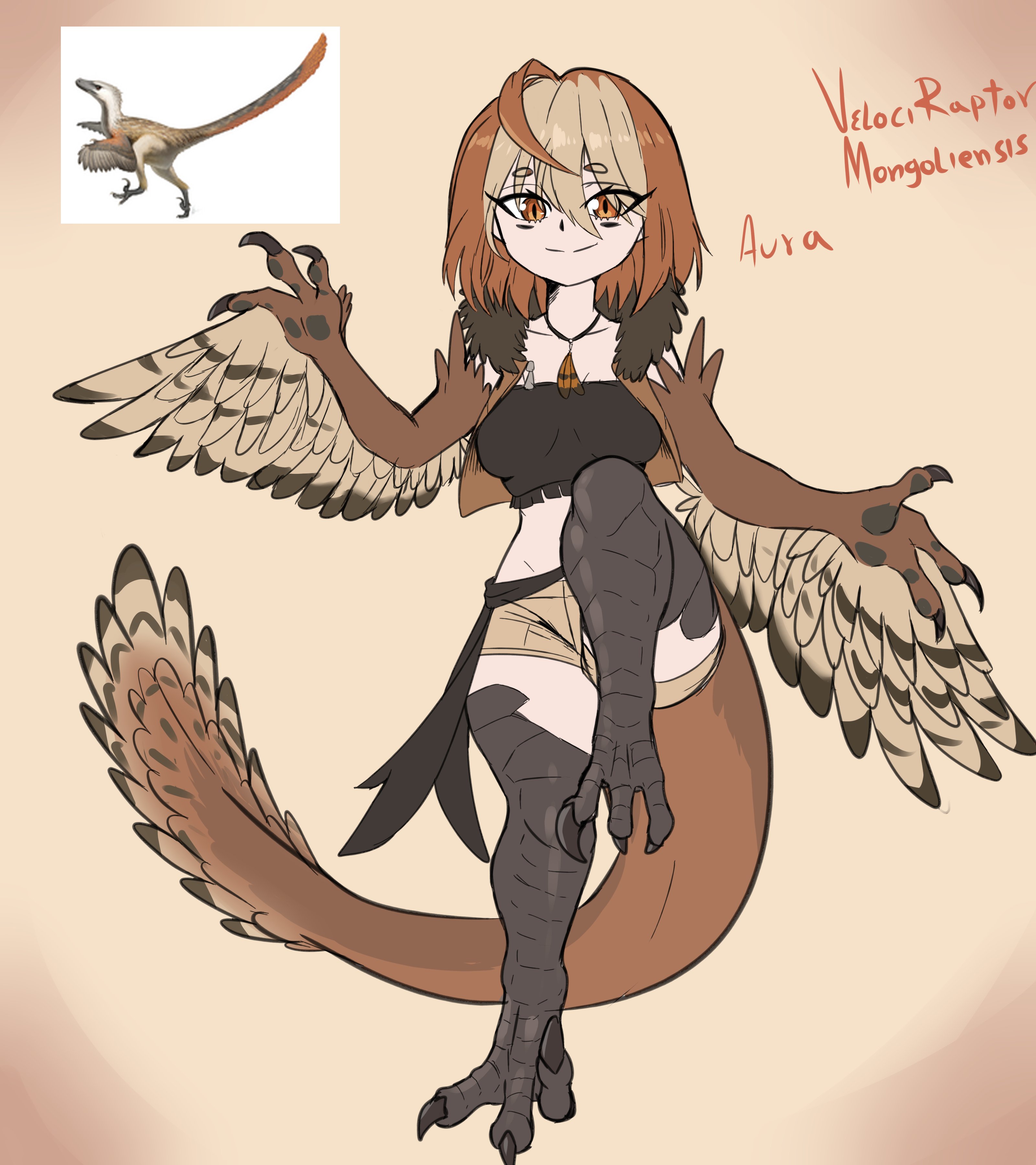1girl a.c._hunter absurdres ahoge bird_legs black_tube_top breasts brown_feathers brown_hair brown_shorts brown_wings character_name claws digitigrade dinosaur_girl dinosaur_tail feather_necklace feathered_wings feathers hair_between_eyes harpy highres jewelry looking_at_viewer medium_breasts medium_hair midriff monster_girl multicolored_hair necklace orange_eyes original partially_feathered_tail raptor reference_inset shorts smile solo standing standing_on_one_leg strapless tail talons tube_top two-tone_hair velociraptor winged_arms wings