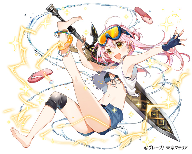 1girl barefoot blush character_request copyright_request denim denim_shorts female_focus flip-flops full_body goggles goggles_on_head holding holding_sword holding_weapon long_hair looking_at_viewer navel official_art open_mouth pink_hair sandals shorts smile solo sword water weapon yellow_eyes yuzuki_kihiro