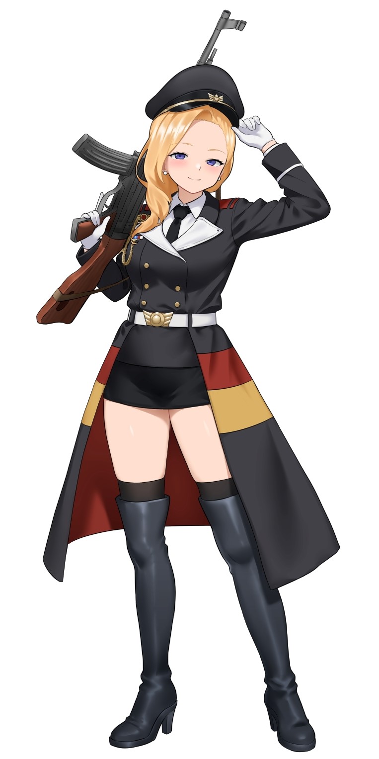 1girl adjusting_clothes adjusting_headwear aiguillette assault_rifle azur_lane black_hat black_necktie black_skirt black_thighhighs blonde_hair blue_eyes boots breasts buttons coat commission cosplay double-breasted earrings full_body garrison_cap german_flag girls&#039;_frontline gloves gun gun_sling hair_over_shoulder hand_up hat high_heel_boots high_heels highres holding holding_weapon hood_(azur_lane) jewelry large_breasts long_hair looking_at_viewer military military_uniform necktie parallelrey peaked_cap platform_boots rifle simple_background skirt smile solo stg44 stg44_(girls&#039;_frontline) stg44_(girls&#039;_frontline)_(cosplay) thighhighs trigger_discipline vgen_commission weapon white_background white_gloves zettai_ryouiki