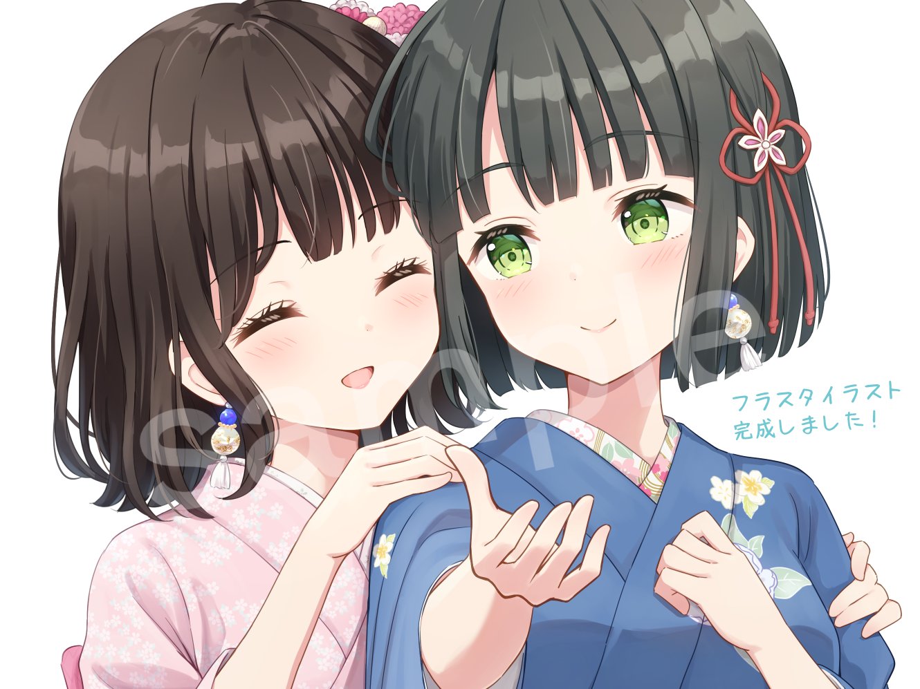 2girls :d ^_^ animification black_hair blue_kimono blunt_bangs blunt_ends blush bob_cut breasts closed_eyes closed_mouth commentary_request floral_print floral_print_kimono flower flower_knot green_eyes hair_flower hair_ornament hanazora_satsuki hand_on_another's_arm hand_on_another's_shoulder japanese_clothes kimono link!_like!_love_live! looking_at_another love_live! medium_breasts momose_ginko momose_ginko_(summer_casual) multiple_girls open_mouth outstretched_arm pink_kimono print_kimono real_life sakurai_hina sample_watermark short_hair simple_background smile split_mouth translation_request virtual_youtuber voice_actor voice_actor_connection watermark white_background