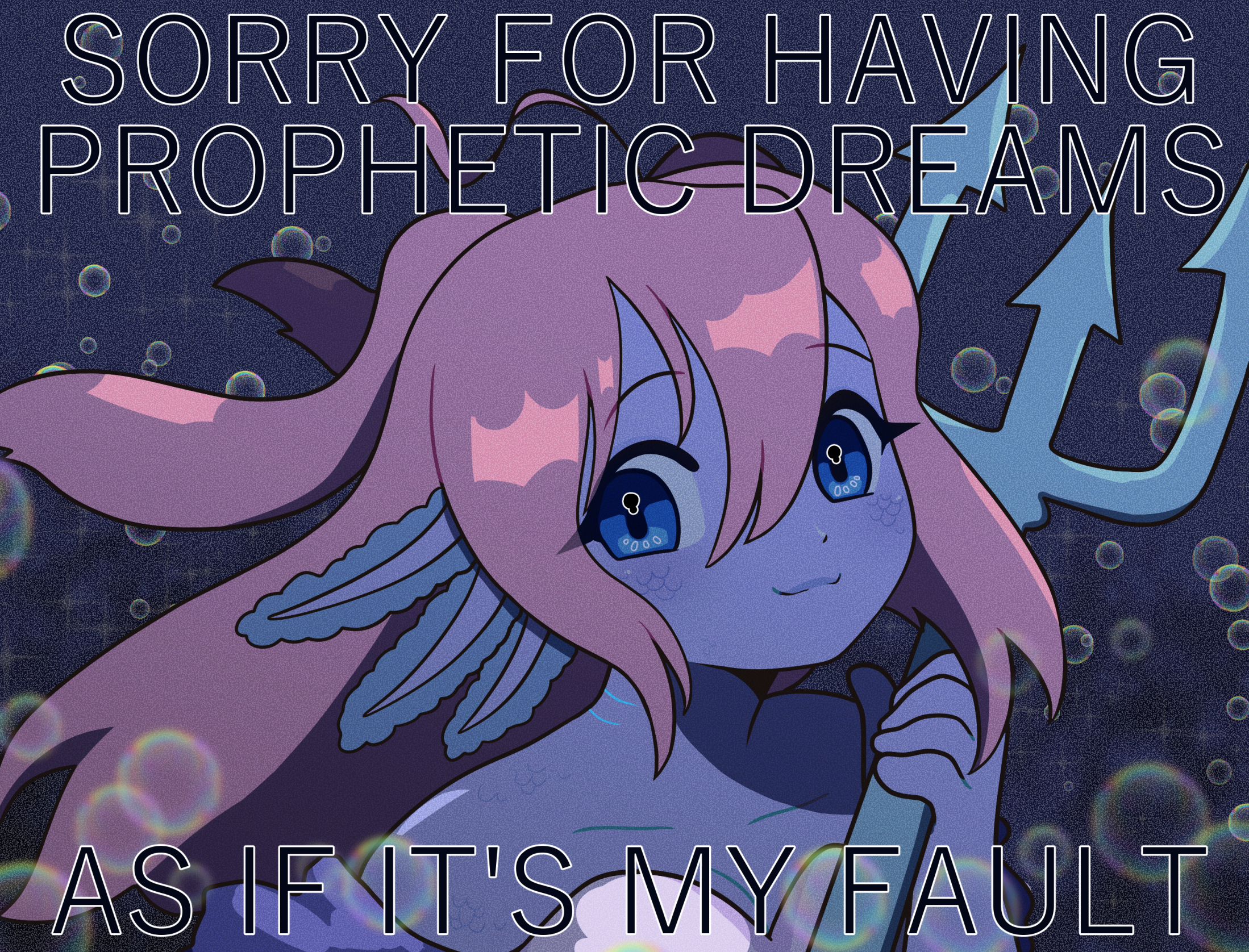 1girl :3 animification as_if_it's_my_fault_(meme) axolotl_ears axolotl_girl blue_eyes bubble colored_skin commentary empires_smp english_commentary gills highres holding_polearm ldshadowlady ldshadowlady_(ocean_queen) long_hair looking_at_viewer loukiw meme minecraft_youtube monster_girl pink_hair polearm purple_skin sidelocks smile solo sparkle trident underwater weapon