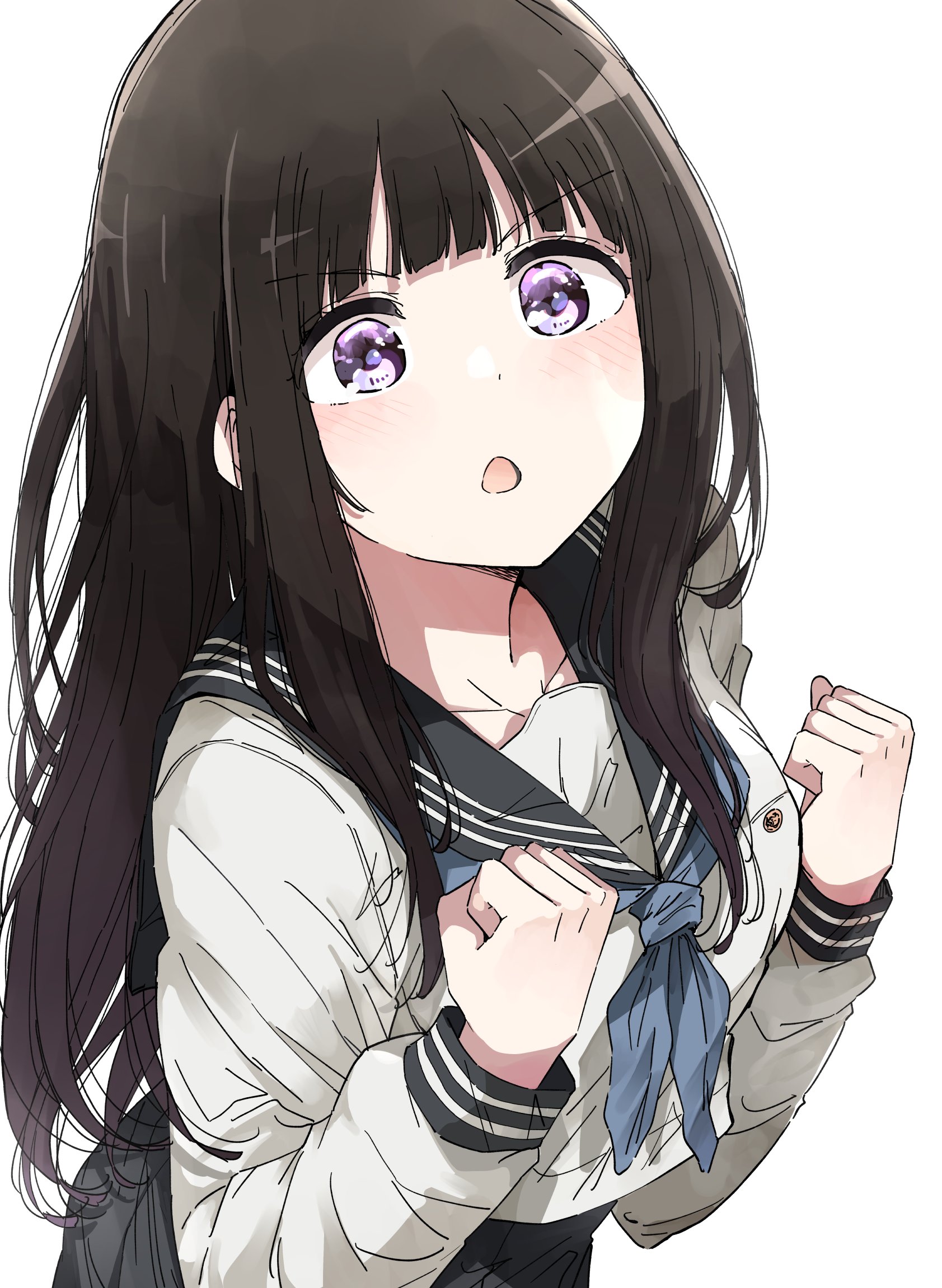 1girl black_hair black_sailor_collar black_skirt blue_neckerchief blush chestnut_mouth chitanda_eru clenched_hands commentary_request highres hyouka kamiyama_high_school_uniform_(hyouka) long_hair neckerchief nyoijizai open_mouth purple_eyes sailor_collar school_uniform serafuku shirt skirt solo white_shirt