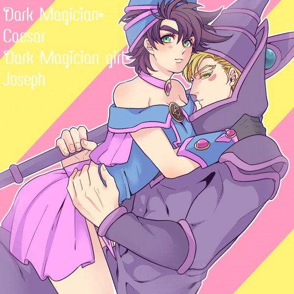 1boy 1girl blonde_hair caesar_anthonio_zeppeli company_connection cosplay dark_magician dark_magician_(cosplay) dark_magician_girl dark_magician_girl_(cosplay) duel_monster facial_mark genderswap genderswap_(mtf) green_eyes jojo_no_kimyou_na_bouken joseph_joestar joseph_joestar_(young) parody purple_hair staff youna000 yu-gi-oh! yu-gi-oh!_duel_monsters