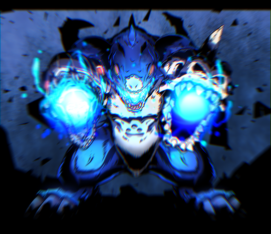 deltamon digimon digimon_(creature) dinosaur energy glowing glowing_eyes horns open_mouth red_eyes sharp_teeth solo teeth