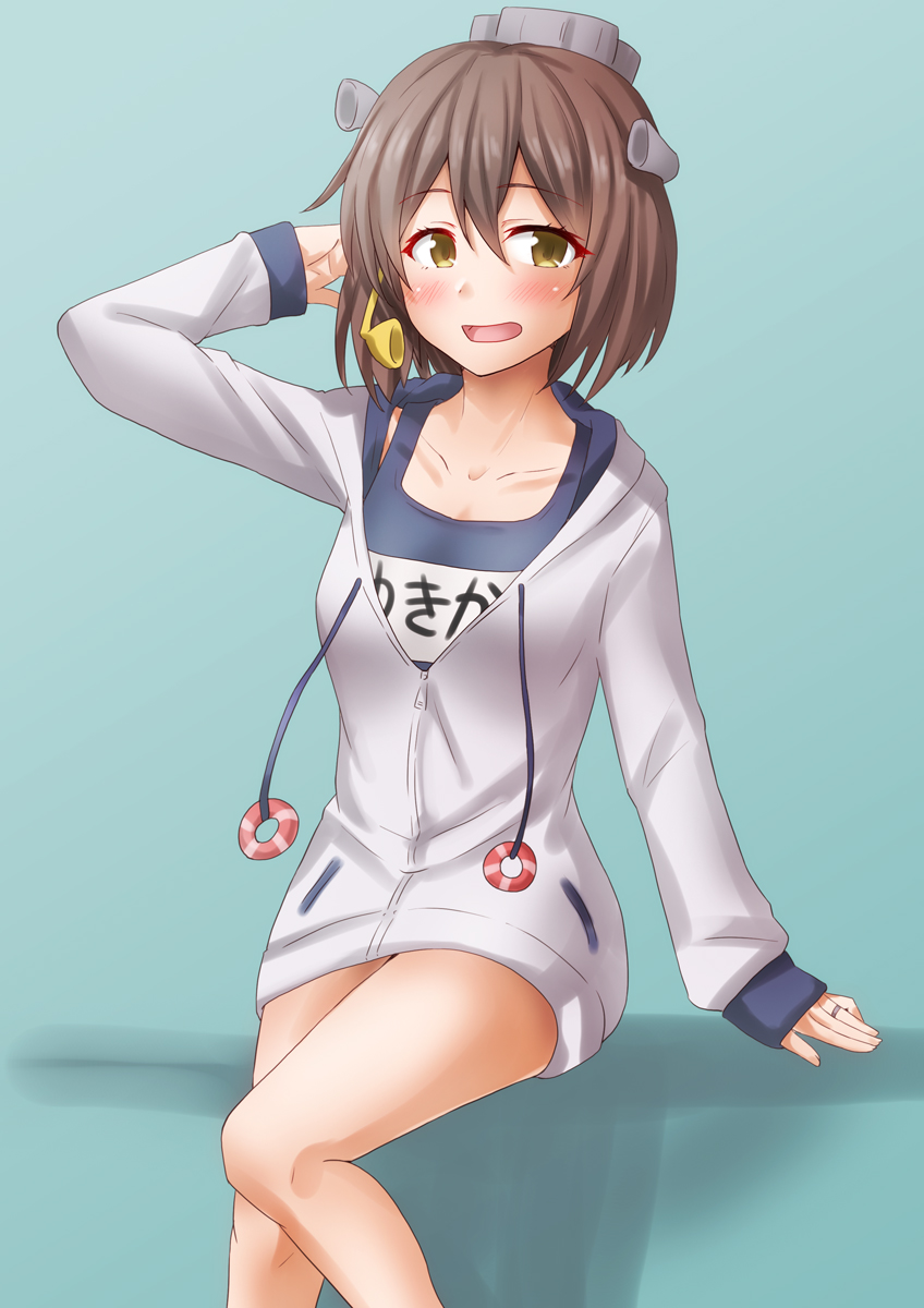 1girl anti_(untea9) bare_legs blue_one-piece_swimsuit blush breasts brown_eyes brown_hair collarbone cowboy_shot gradient_background green_background hair_between_eyes headgear highres hood hooded_jacket jacket jewelry kantai_collection long_sleeves name_tag official_alternate_costume old_school_swimsuit one-piece_swimsuit open_mouth ring school_swimsuit short_hair sitting small_breasts smile solo speaking_tube_headset swimsuit swimsuit_under_clothes track_suit wedding_band white_jacket yukikaze_(kancolle) yukikaze_(swimsuit)_(kancolle)