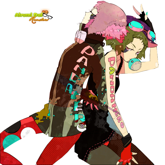 baseball_cap chewing_gum goggles goggles_around_neck goggles_on_head green_eyes green_hair gumi hat jacket panda_hero_(vocaloid) pink_eyes pink_hair tank_top turtleneck vocaloid