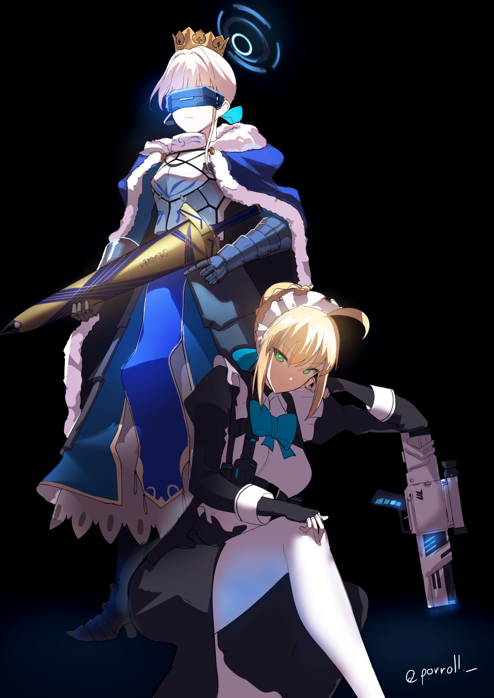 2girls ahoge apron armor armored_dress artoria_pendragon_(fate) assault_rifle black_gloves blonde_hair blue_archive blue_bow blue_bowtie blue_eyes blue_ribbon bow bowtie braid breasts bullpup caseless_firearm chest_harness cosplay costume_switch dress excalibur_(fate/stay_night) fate/stay_night fate_(series) faulds fingerless_gloves french_braid gauntlets gloves green_eyes gun h&amp;k_g11 hair_bun hair_ribbon halo harness highres holding holding_gun holding_sword holding_weapon long_skirt maid maid_apron maid_headdress medium_breasts multiple_girls porroll prototype_design ribbon rifle saber_(fate) saber_(fate)_(cosplay) short_hair single_hair_bun skirt sword tactical_maid toki_(blue_archive) toki_(blue_archive)_(cosplay) unconventional_maid weapon white_apron