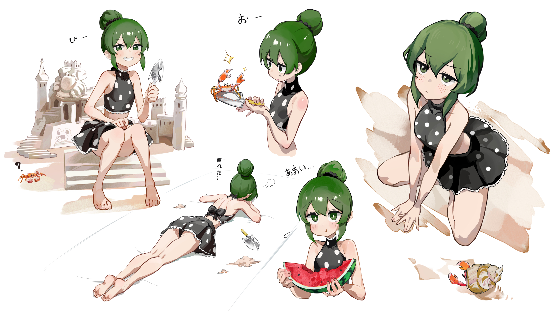 1girl alternate_hairstyle arm_support bare_arms bare_shoulders barefoot bikini bikini_skirt black_bikini breasts crab eating food fruit green_eyes green_hair grin hair_bun hermit_crab highres holding holding_food holding_fruit igarashi_futaba kneeling looking_at_viewer lying mo0o0rae multiple_views on_stomach polka_dot polka_dot_bikini puff_of_air sand sand_castle sand_sculpture senpai_ga_uzai_kouhai_no_hanashi simple_background single_hair_bun sitting small_breasts smile sparkle swimsuit translation_request trowel watermelon white_background
