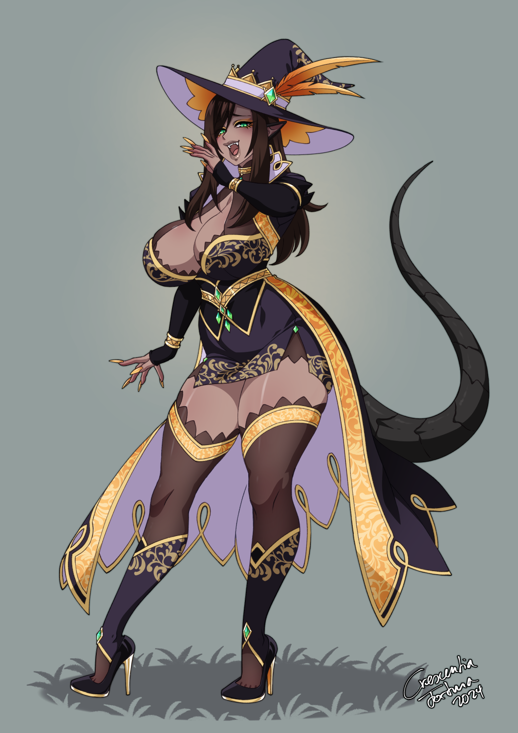 1girl borrowed_character breasts brown_hair cleavage commission crescentia_fortuna dark-skinned_female dark_skin dragon_tail fingernails gold_nails green_eyes hat high_heels highres long_fingernails long_hair nail_polish original pointy_ears solo tail thighhighs witch_hat