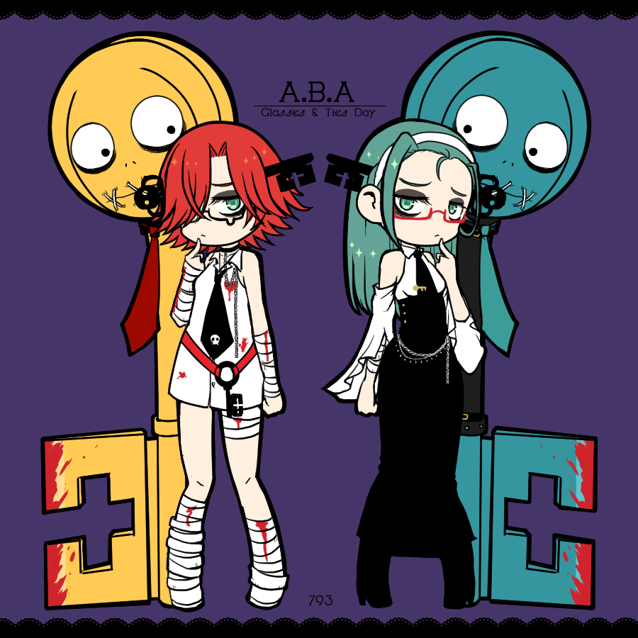 2girls 793_(oo793oo) a.b.a aqua_eyes aqua_hair black_necktie black_skirt closed_mouth collared_shirt dress dual_persona full_body glasses guilty_gear guilty_gear_strive guilty_gear_xx hairband high-waist_skirt long_hair looking_at_viewer multiple_girls necktie paracelsus_(guilty_gear) parted_bangs purple_background red-framed_eyewear red_hair shirt short_hair simple_background skirt white_dress white_hairband white_shirt