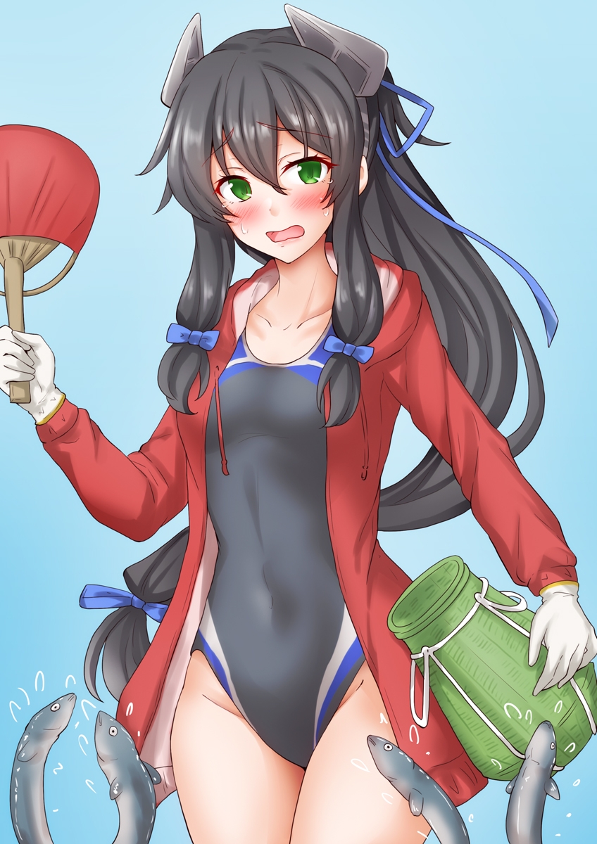 1girl anti_(untea9) basket black_hair black_one-piece_swimsuit blue_background blush breasts collarbone competition_swimsuit cowboy_shot eel embarrassed gloves gradient_background green_eyes hair_ribbon hand_fan headgear highres hood hoodie i-47_(kancolle) jacket kantai_collection long_hair long_sleeves low-tied_long_hair multicolored_swimsuit one-piece_swimsuit open_mouth paper_fan red_jacket ribbon small_breasts swimsuit tress_ribbon white_gloves