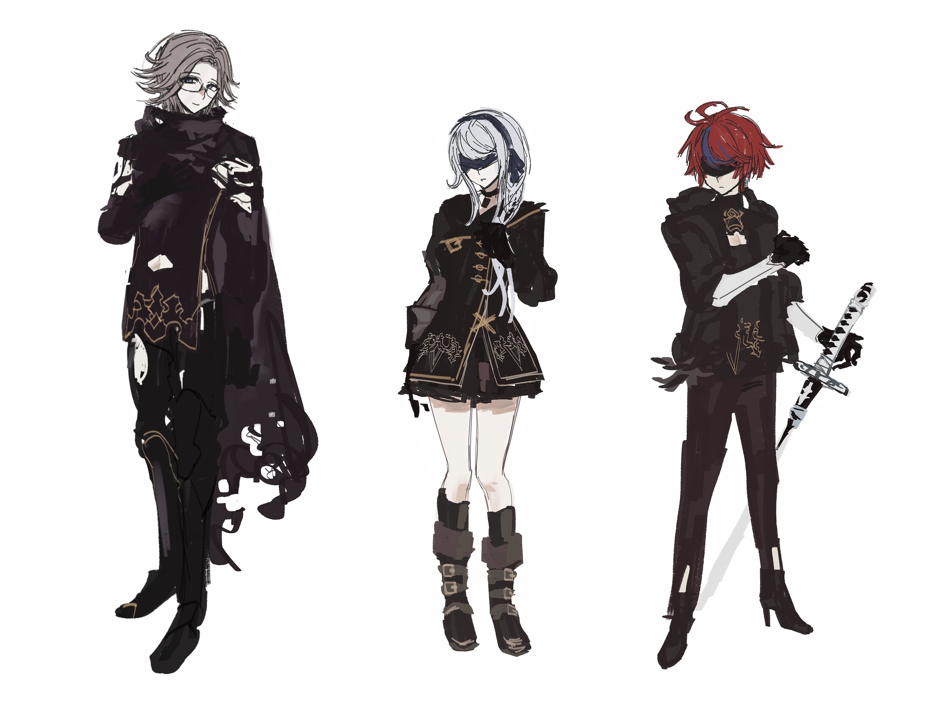 1girl 2b_(nier:automata) 2b_(nier:automata)_(cosplay) 2boys 9s_(nier:automata) 9s_(nier:automata)_(cosplay) ahoge aotsuki_eito black_gloves black_jacket black_shirt blindfold blue_hair boots character_request cosplay full_body glasses gloves grey_hair high_heel_boots high_heels highres jacket kirifuji_nozomi looking_at_viewer messy_hair multicolored_hair multiple_boys nier:automata nier_(series) parted_hair red_hair shirt standing sumino_takumi the_hundred_line_-last_defense_academy- white_hair
