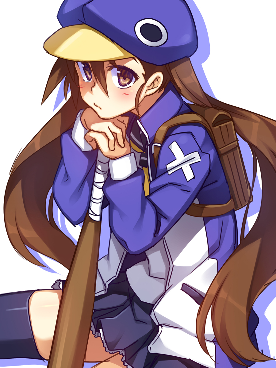 1girl baseball_bat black_thighhighs blue_hat blush brown_eyes brown_hair disgaea female_focus hat highres jacket kazamatsuri_fuuka long_hair makai_senki_disgaea_4 racer_(magnet) school_uniform serafuku skirt solo thighhighs white_background