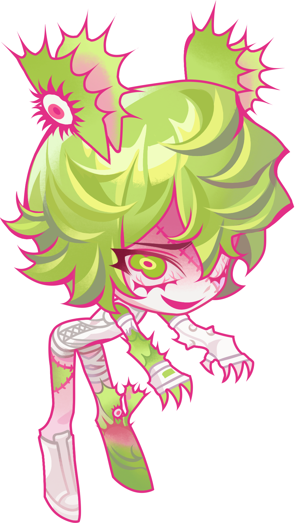1other androgynous asymmetrical_legwear bloodshot_eyes boots chibi colored_lineart colored_skin crazy_smile crescent_mouth cross-laced_clothes detached_sleeves eyelashes fewer_digits flipchers flipped_hair full_body furrowed_brow gender_request gradient_boots green_boots green_eyes green_hair green_skin hair_between_eyes highres leaning_forward legs_apart leotard lower_eyelashes_only material_growth mismatched_eyebrows mismatched_legwear multicolored_skin open_mouth original other_focus outline outstretched_arms pale_skin pink_outline plant plant_growth plant_person short_hair simple_background single_detached_sleeve smile solo standing stitched_face stitches tachi-e transparent_background venus_flytrap wavy_eyes white_boots white_leotard white_sleeves zombie_pose