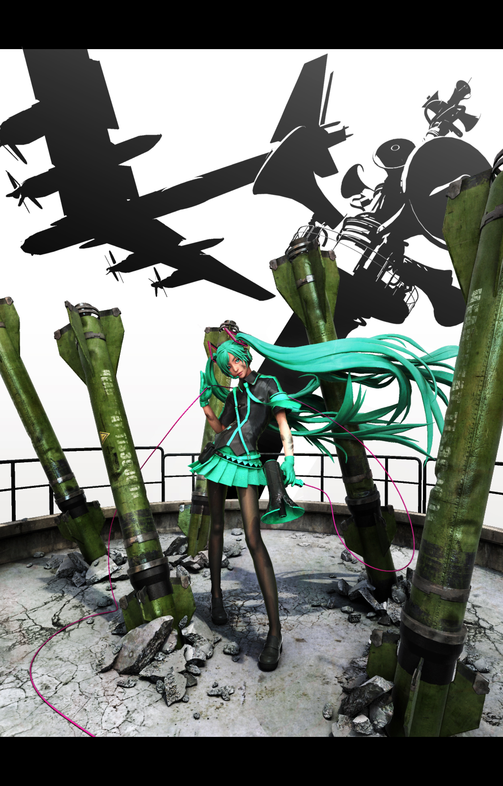 1girl 3d aircraft airplane aqua_eyes aqua_hair bad_id bad_pixiv_id bomber dirty female_focus gloves hatsune_miku head_tilt headset highres hogepper koi_wa_sensou_(vocaloid) legs letterboxed lips loafers long_hair megaphone military military_vehicle missile necktie pantyhose shoes skirt solo standing tu-95 tupolev twintails very_long_hair vocaloid
