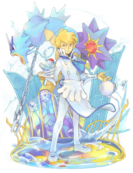 1boy apron ascot blonde_hair blue_ascot blue_eyes chain closed_mouth cup full_body gen_1_pokemon gyarados holding holding_plate holding_teapot long_sleeves looking_at_viewer male_focus nintendo pants plate poke_ball poke_ball_(basic) pokemon pokemon_(creature) pokemon_xy pouring shirt siebold_(pokemon) starmie teacup teapot ubameno waist_apron water white_apron white_background white_pants white_shirt