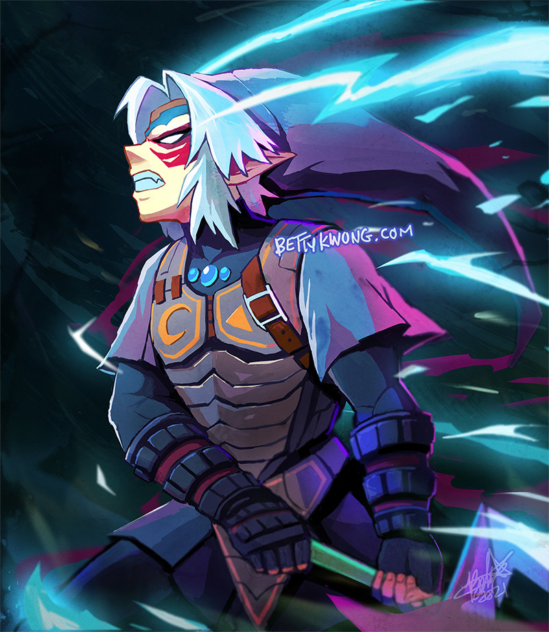 1boy armor bettykwong clenched_teeth facial_tattoo fangs fierce_deity fingerless_gloves gloves link looking_up male_focus nintendo pointy_ears sidelocks solo sword tattoo teeth the_legend_of_zelda the_legend_of_zelda:_majora&#039;s_mask tunic watermark weapon white_eyes white_hair