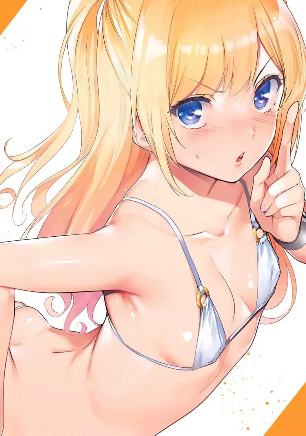 1girl arched_back ass bikini blonde_hair blue_eyes blush cleaned comic_cover covered_erect_nipples destiny_lovers ebihara_ayami flat_chest hand_on_own_hip highres index_finger_raised leaning_forward long_hair micro_bikini o-ring o-ring_bikini official_art paint_splatter parted_lips simple_background smartwatch solo string_bikini swimsuit third-party_edit third-party_source tomohiro_kai v-shaped_eyebrows watch white_background wristwatch