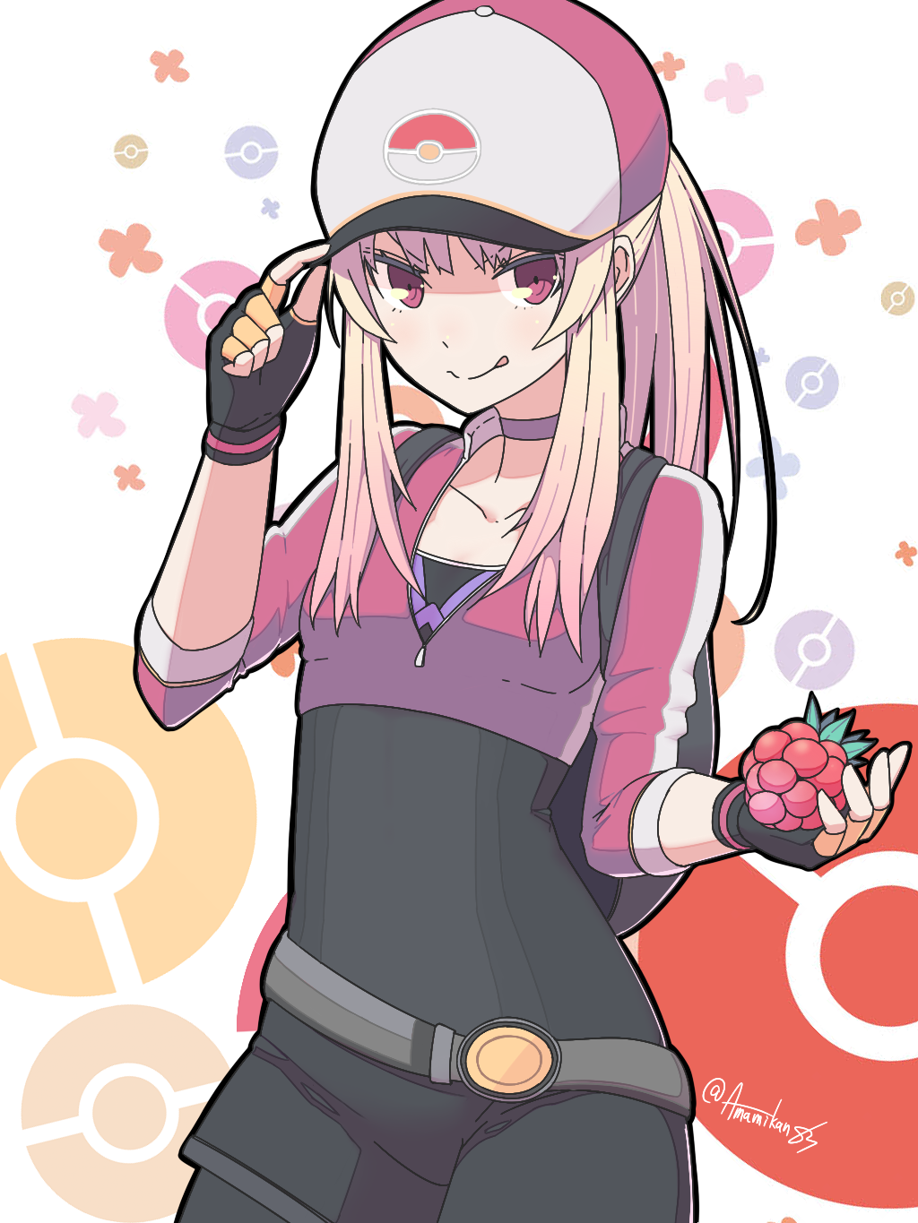 1girl adjusting_clothes adjusting_headwear artist_name baseball_cap berry_(pokemon) blonde_hair breasts choker female_protagonist_(pokemon_go) fingerless_gloves gloves hat highres jumpsuit mijuku_mikan nintendo poke_ball_symbol pokemon pokemon_go razz_berry red_eyes simple_background small_breasts solo standing